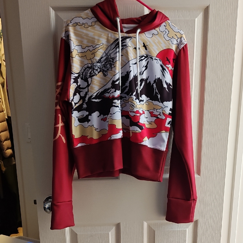 Red and White Long Sleeve Cropped Graphic Hoodie